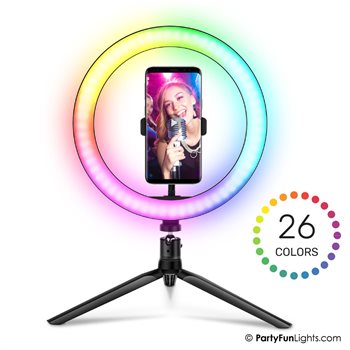 PartyFun Selfie ring LED lys 26cm, stativ og telefonholder, Bluetooth, 26 farver